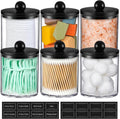 6 Pack Acrylic Qtip Holder Dispenser for Cotton Swabs, Balls, Pads, Floss - Plastic Canister Apothecary Jar Set, Bathroom Essentials Accessories Decor Vanity Makeup Storage Organizer - Clear & Black