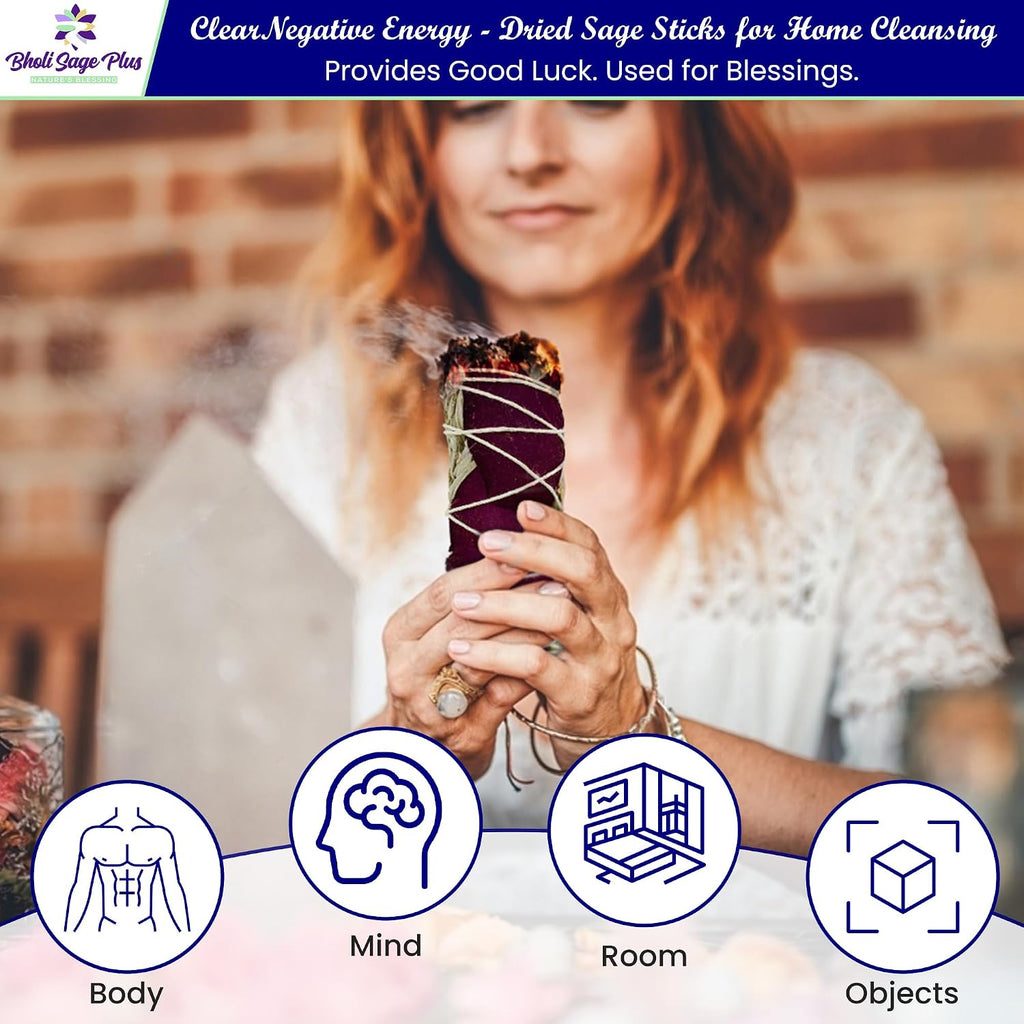 Sage Smudge Kit Variety Pack of 4 – California White Sage, Rose, Rosemary Lavender & 7 Chakra Smudge Sticks, Handcrafted Dried Sage Bundles for Meditation, Home Cleansing & House Blessing