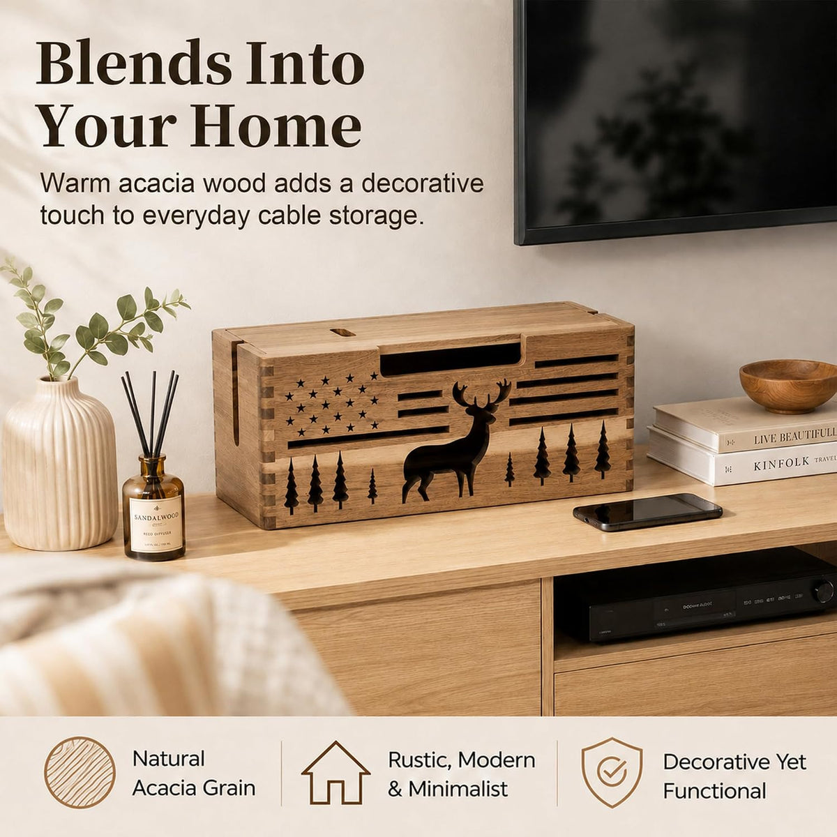 Acacia Wood Cable Management Box,Cord Hider & Organizer for Power Strip