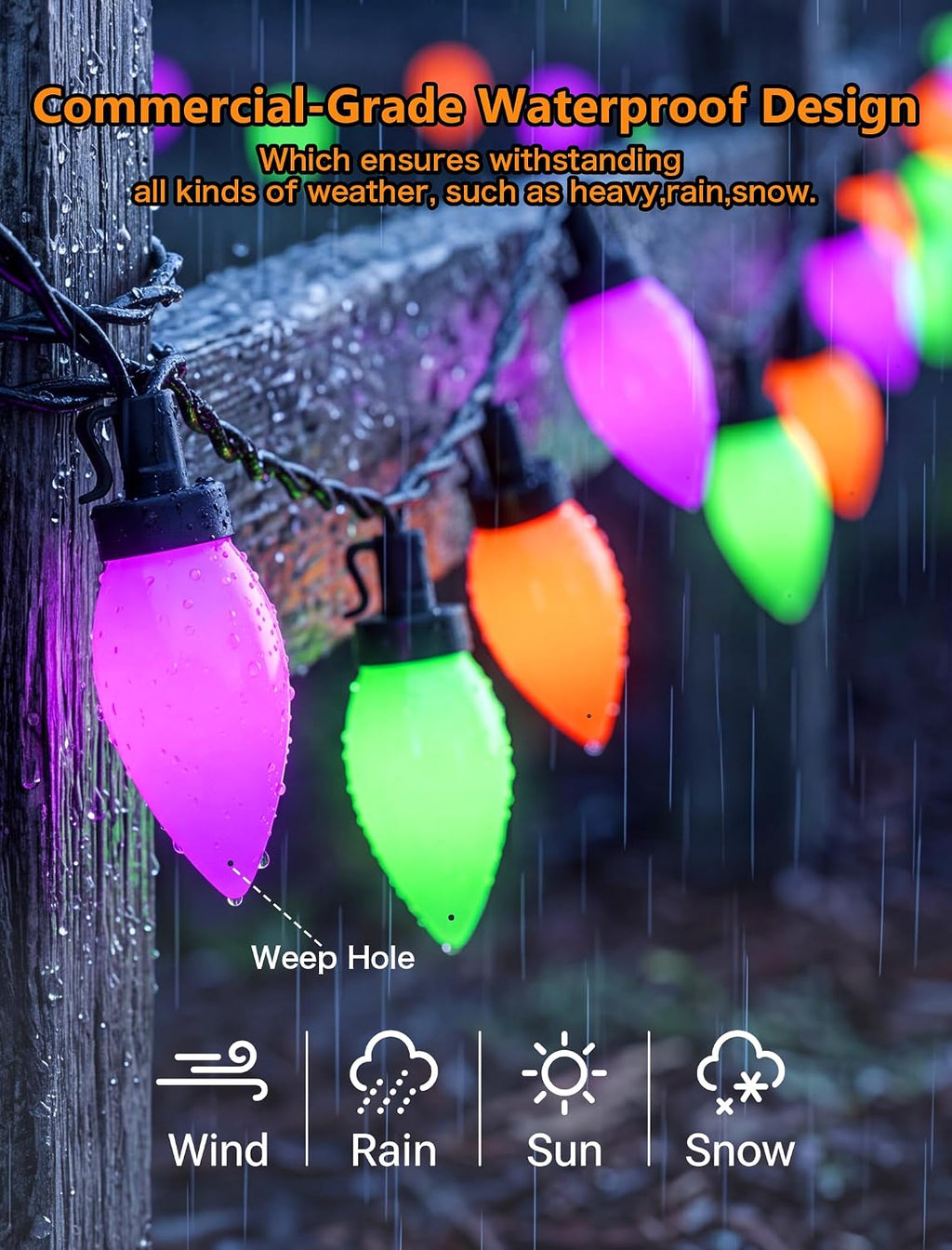 SUNSGNE 26FT 50 LED C9 Halloween String Lights, Orange Green Purple Bulbs