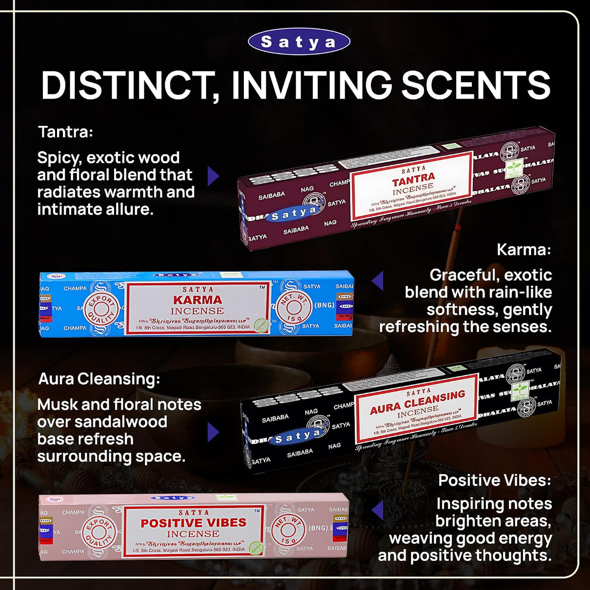 Satya Set of 12 Nag Champa Namaste Positive Vibes Tantra Buddha Blessing Aura Cleansing Chakra Pyramids Reiki Karma Spiritual Healing Traditional Ayurveda