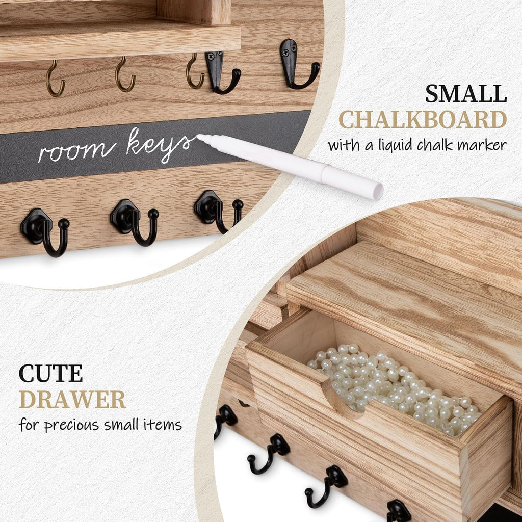 Nekon Key Holder Wall Mount with Drawer, 14.5" Mail Holder, Wood