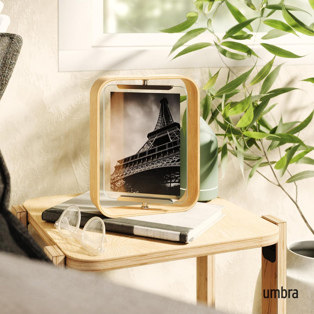 Umbra Bellwood 5x7" Desk Picture Frame with Bent Wood Trim and Two-Sided Rotating Display, Natural