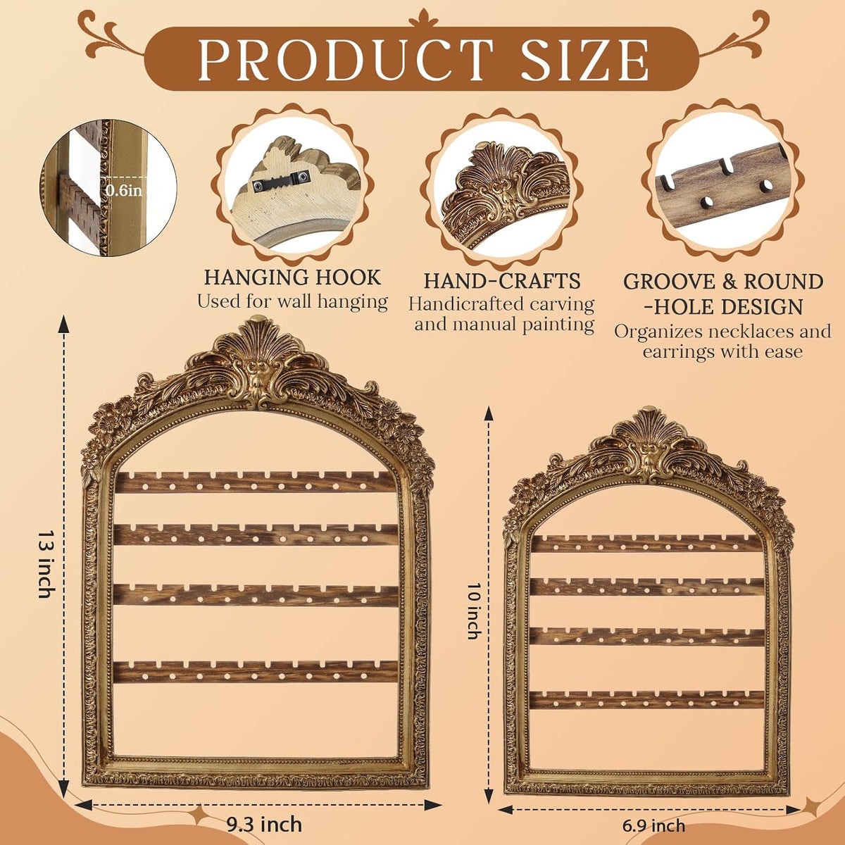 2 Pcs Gold Wall Hanging Earring Holder Frame Jewelry Organizer
