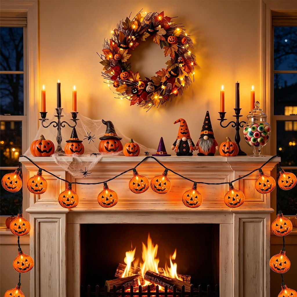 12Ft 20 LED Halloween Pumpkin String Lights Plug in Jack O Lantern Lights with Spooky Smile, 0.07W Energy-efficient LED Pumpkin Lights Outdoor Waterproof for Home Indoor Outdoor Halloween Decorations