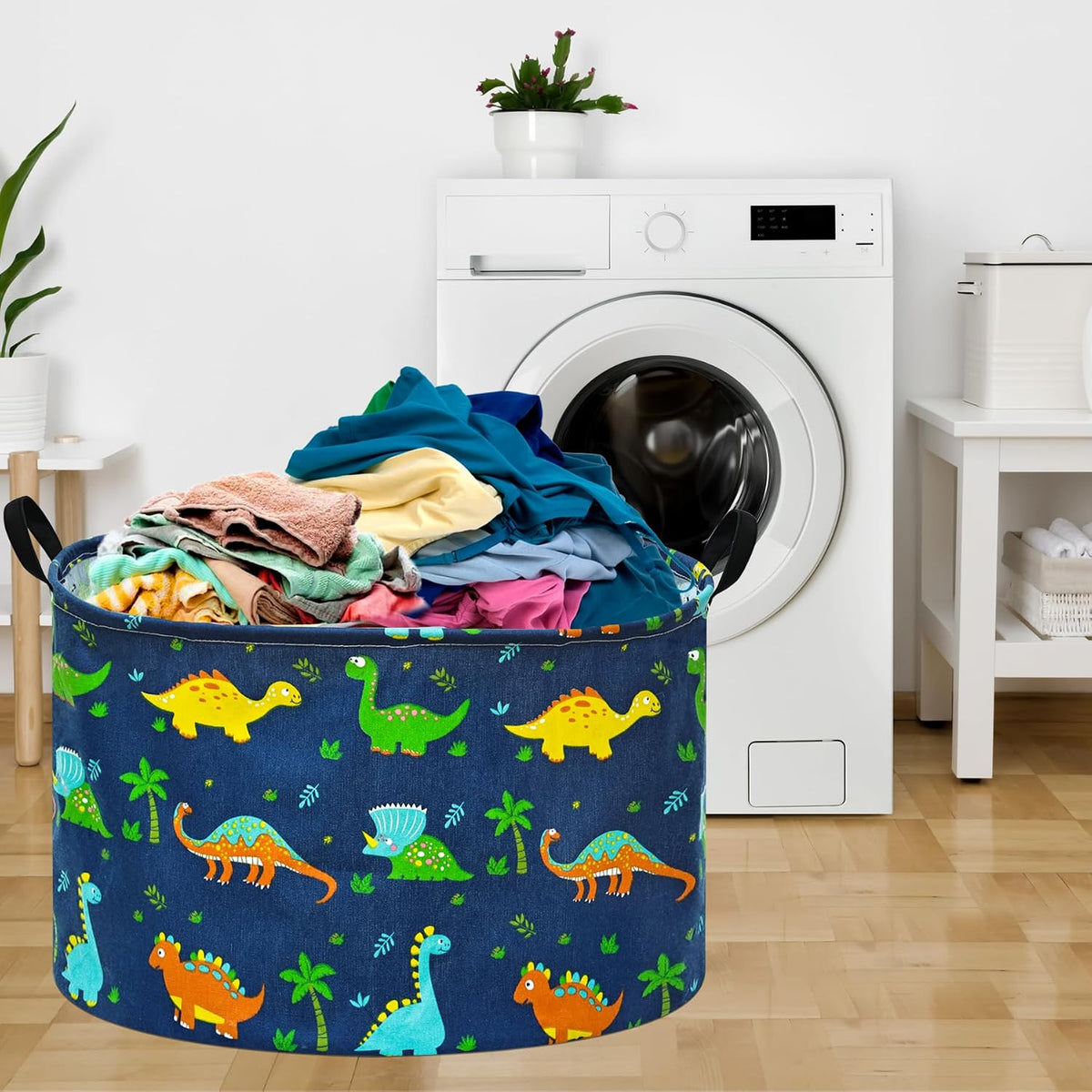 Dinosaur Storage Basket, Large Collapsible Toy Storage Bin with Handles, Cotton Linen Blend Fabric Laundry Basket for Bedroom, Playroom, Nursery, Closet and Home Organization, Navy Blue