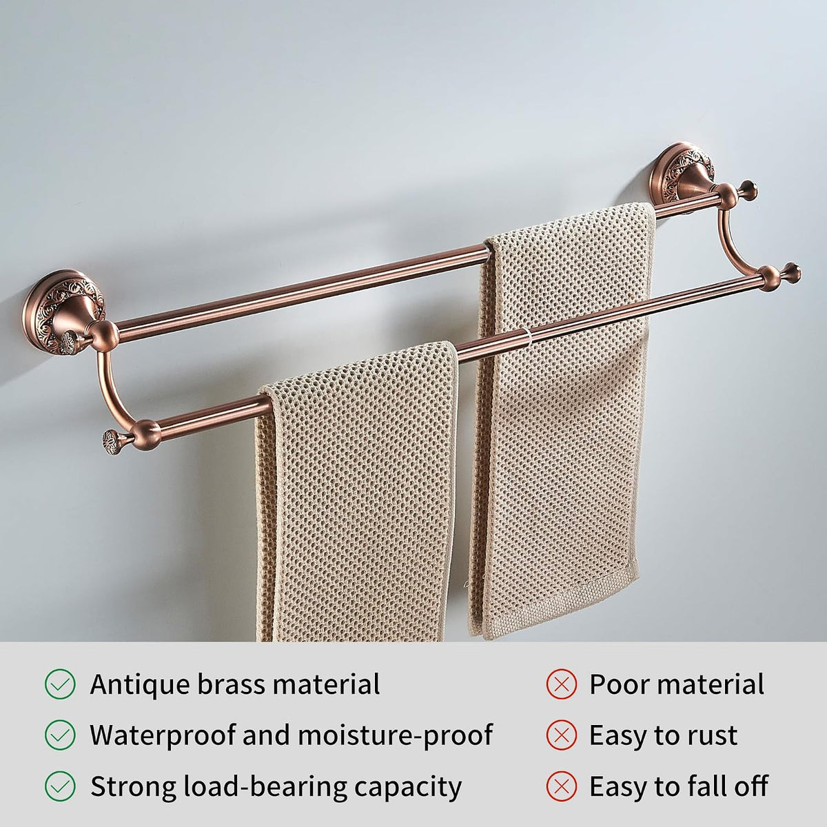 Red Copper Double Towel Bar, Adjustable 15.5 to 27.5 Inch Bath Towel Rack for Bathroom Towel Holder, Wall Mounted Black Bathroom Hardware Accessories,Pattern Carving Design