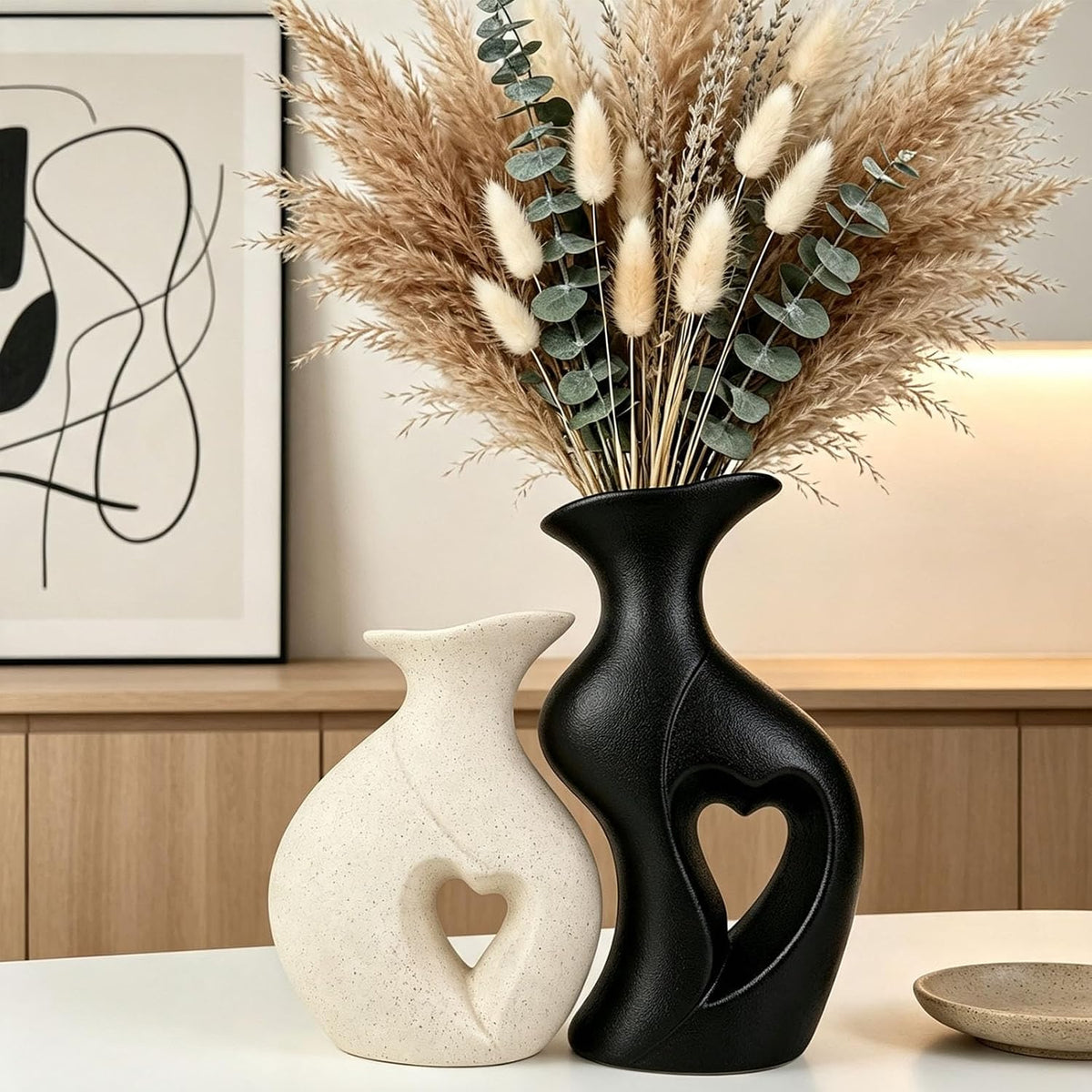 Modern Heart Ceramic Vases Flower Vase Set of 2 (Cream & Black)