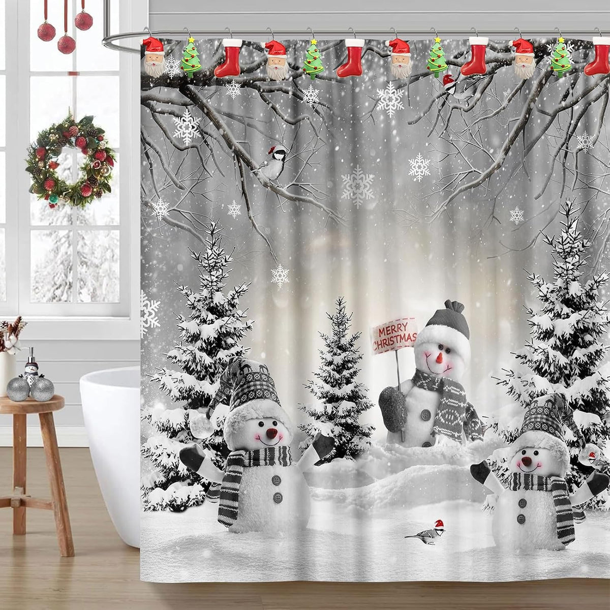 Christmas Home Decorative Shower Curtain Hooks – Set of 12 Rust-Resistant Decorative Rings with Santa, Tree & Stocking Charms, Xmas Bath Curtain Hangers for Holiday Bathroom Decor (Fits Standard Rods)