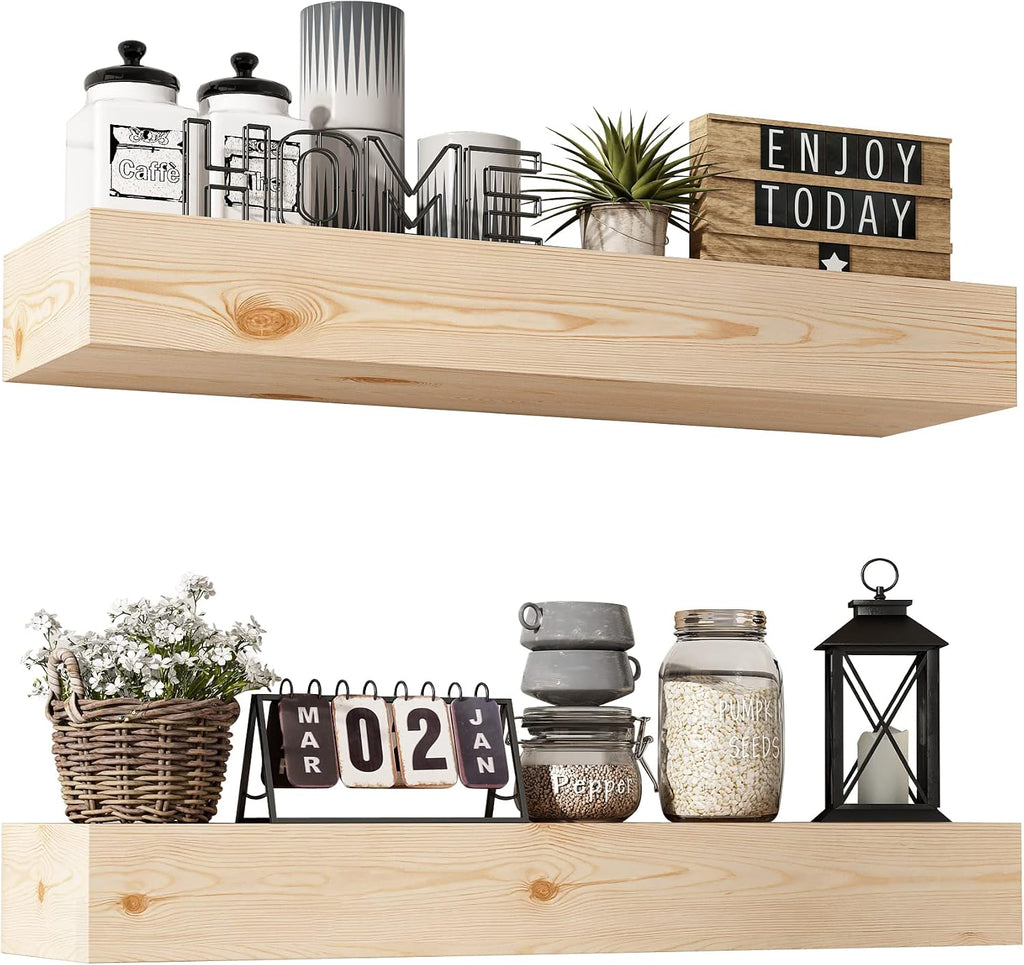 Wall Floating Shelves, Rustic Wood Shelf for Wall Mounted - Wooden Handmade Shelves for Bathroom Kitchen Livingroom - No Stain - DIY(Unfinished, 24 Inch - 2 Pack)