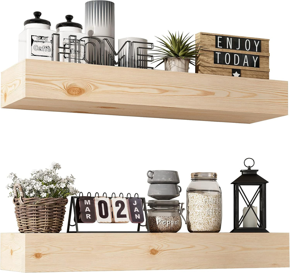 Wall Floating Shelves, Rustic Wood Shelf for Wall Mounted - Wooden Handmade Shelves for Bathroom Kitchen Livingroom - No Stain - DIY(Unfinished, 24 Inch - 2 Pack)