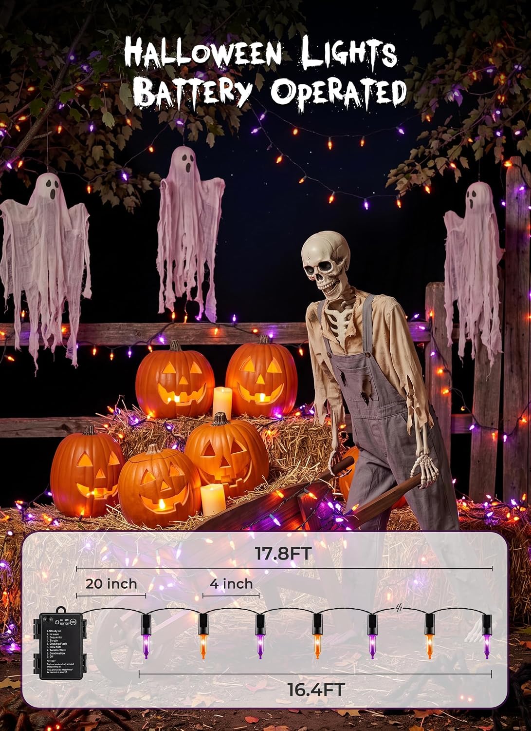 4 Pack 200LED 64FT Purple Orange Halloween String Lights, Battery Operated