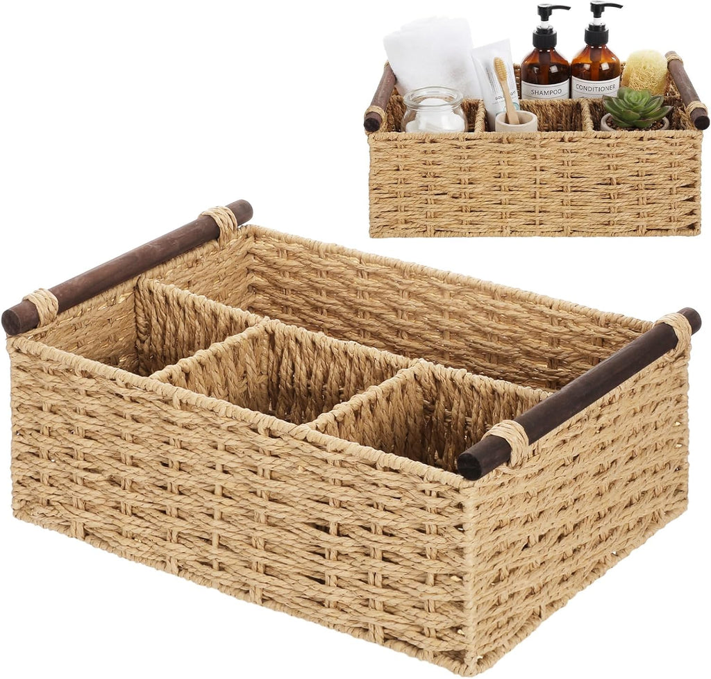 Remerry Beige Bathroom Countertop Organizer Caddy, Wicker-Like Divided Basket with Handle and Metal Frame, 4 Compartment, Paper Rope Storage Organizer for Vanity Kitchen (15.35 x 10.24 x 6.3 in)