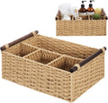 Remerry Beige Bathroom Countertop Organizer Caddy, Wicker-Like Divided Basket with Handle and Metal Frame, 4 Compartment, Paper Rope Storage Organizer for Vanity Kitchen (15.35 x 10.24 x 6.3 in)