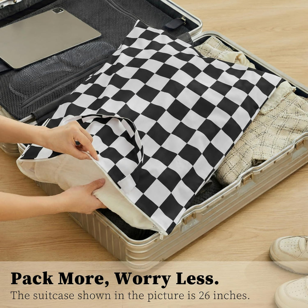 Ohocut Checkered 2 Pcs Large Travel Laundry Bags for Dirty Clothes, Aesthetic Trendy Waterproof Washable Laundry Bag with Handle for Travel, Gym, Swimming Pool Black and White