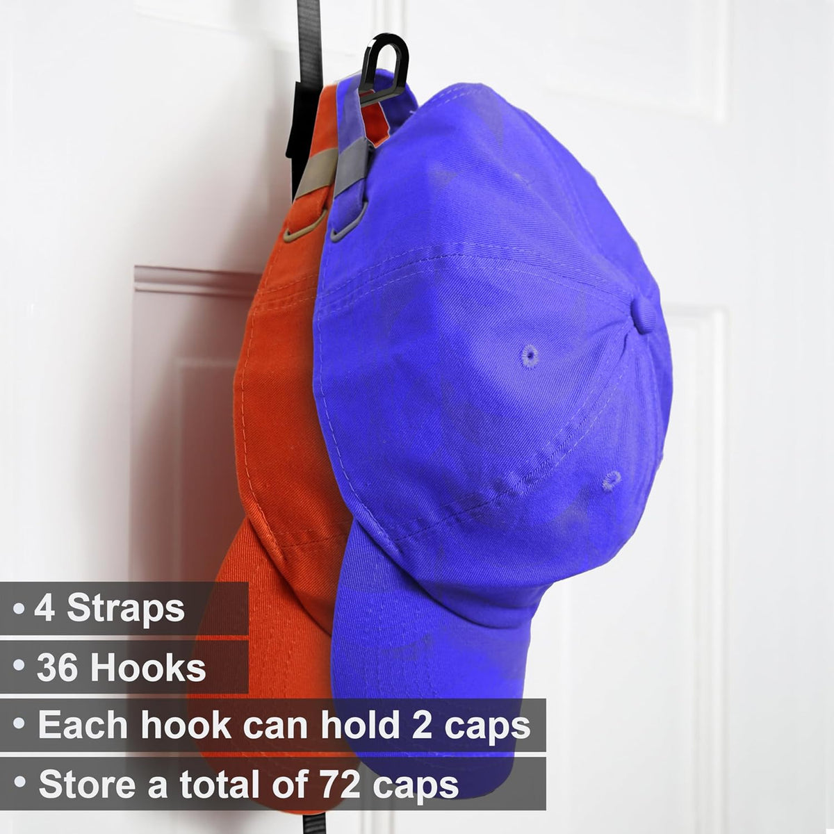 Over-The-Door Hat Organizer for Baseball Caps 2Pack, 4 Straps.Holds 72 caps