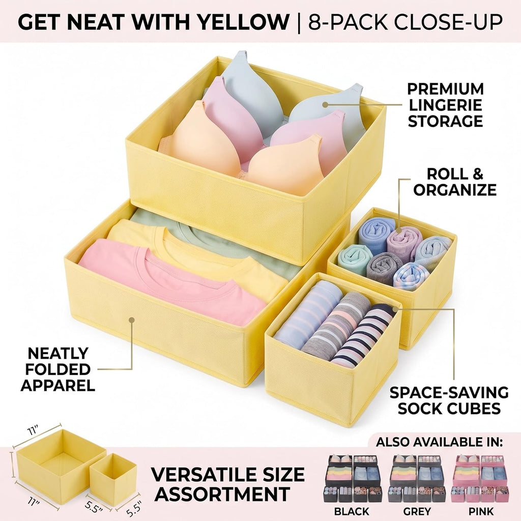 Drawer Organizer for Clothes, 8 Pack yellow Fabric Dresser Storage Bins