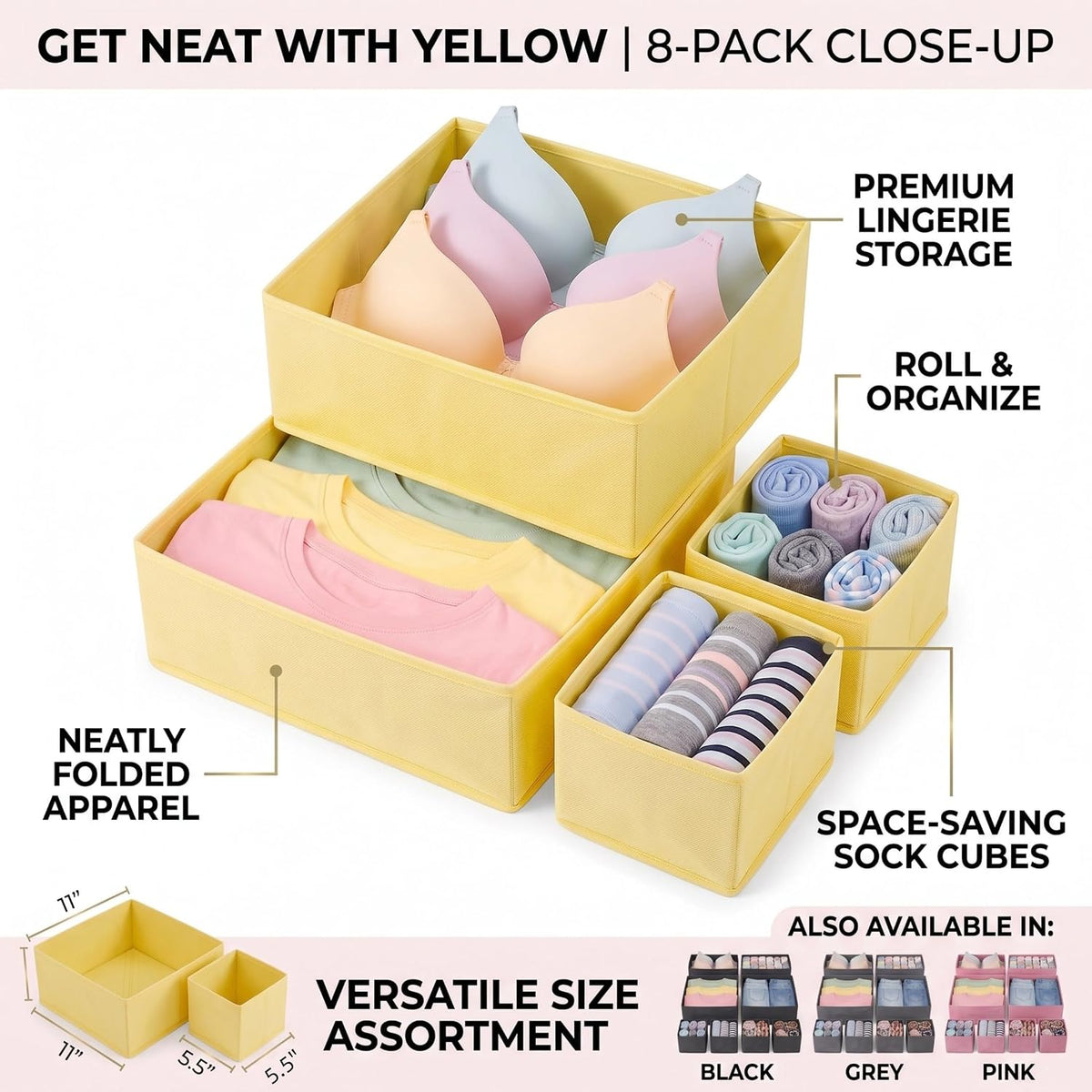 Drawer Organizer for Clothes, 8 Pack yellow Fabric Dresser Storage Bins