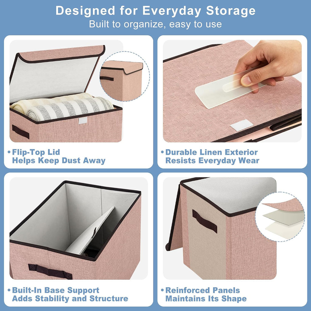Bagnizer Linen Fabric Foldable Storage Cube Bin Organizer Basket with Flip-Top Lid & Handles, Large Clothes Blanket Box for Home, Office, Closet, Gray & Pink, 4 Pack 14.6 x 9.5 x 9.5”