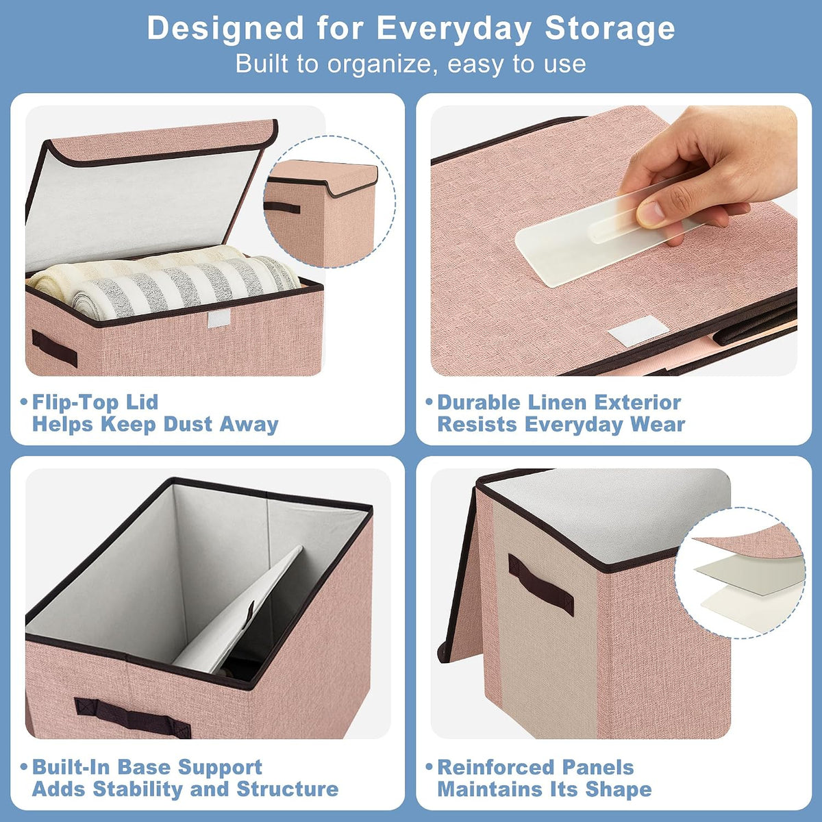 Bagnizer Linen Fabric Foldable Storage Cube Bin Organizer Basket with Flip-Top Lid & Handles, Large Clothes Blanket Box for Home, Office, Closet, Gray & Pink, 4 Pack 14.6 x 9.5 x 9.5”