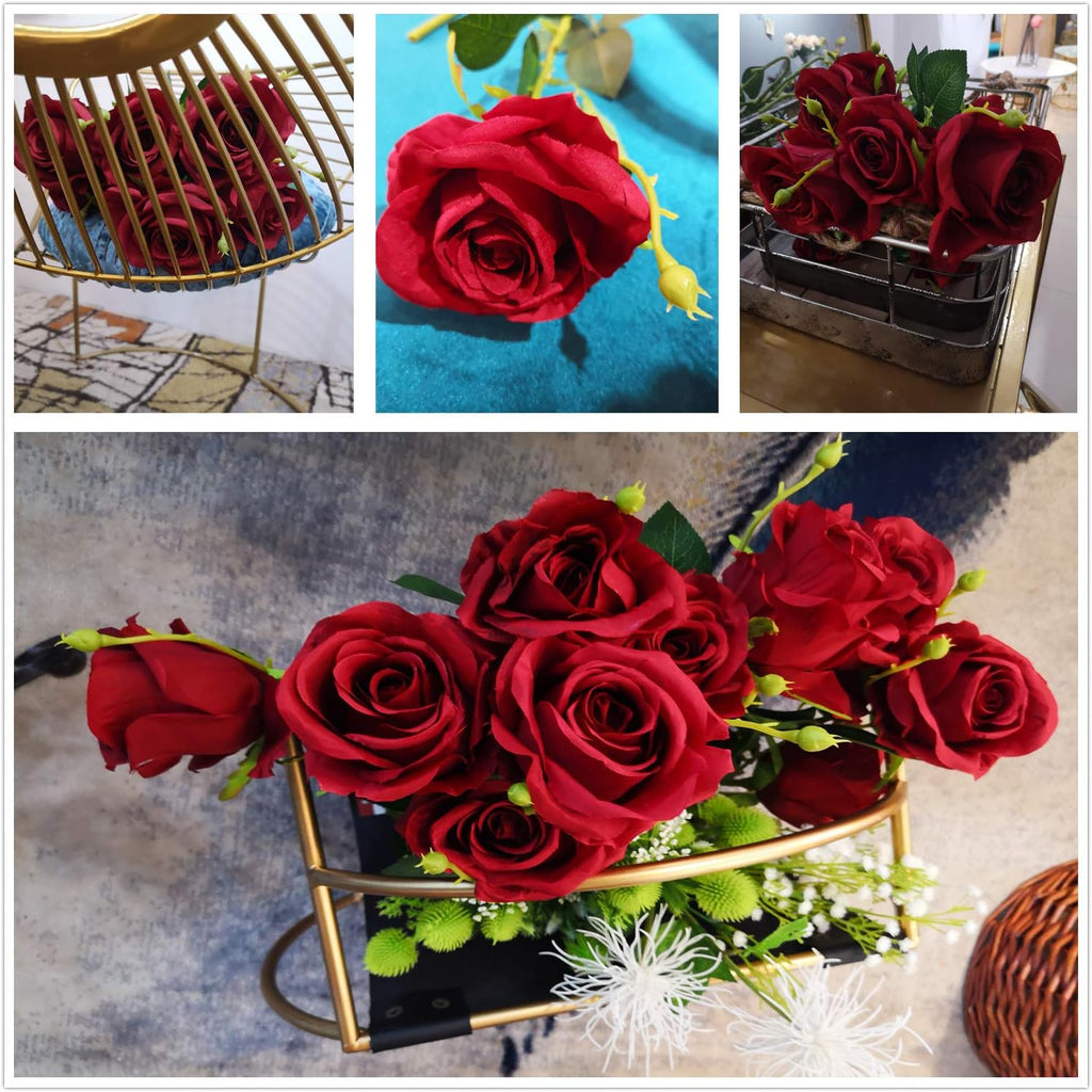 AnotherGifts Artificial Silk Rose Flower Bouquet Home Decor Wedding Party, Pack of 10 Wine Red Roses Exclusive Style…