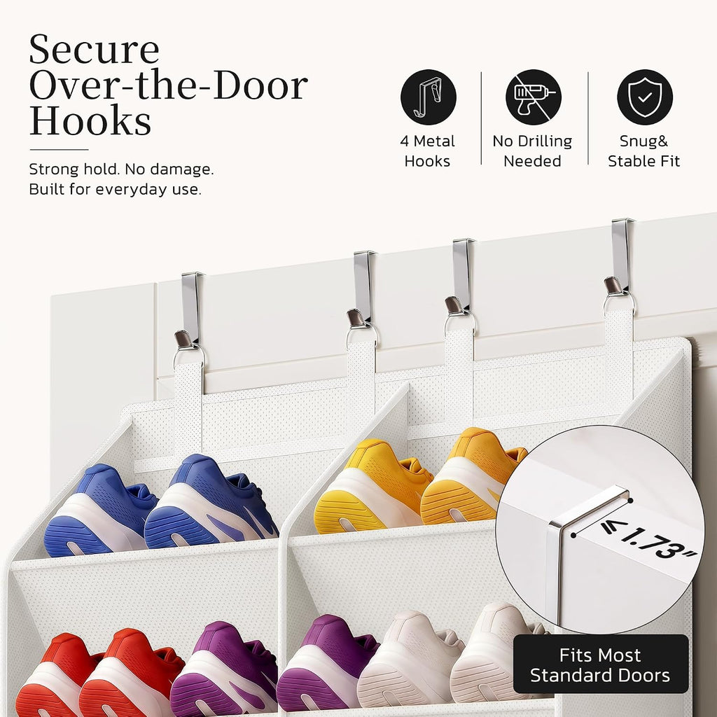Criusia Over the Door Shoe Organizer, 20-30 Pairs Heavy-Duty Hanging Shoe Storage with Large Pockets, 10-Tier Door Shoe Rack with 4 Hooks for Sneakers Sandals Heels Boots (White)