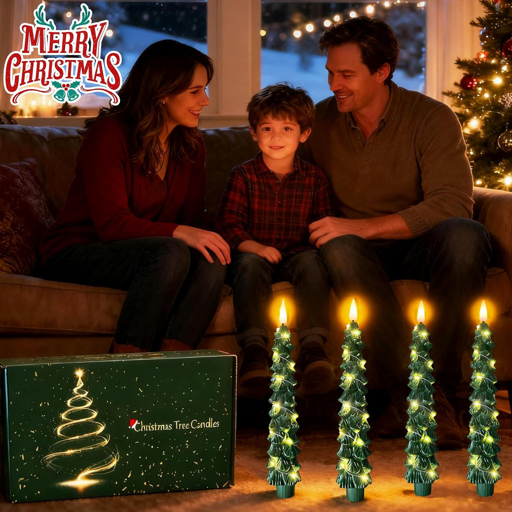 4Pcs Christmas Tree Taper Candles, Flameless Christmas Tree Candles with Remote, LED Battery Operated Candle with String Lights, 3D Flickering Candlesticks for Home Dinner Christmas Decorations