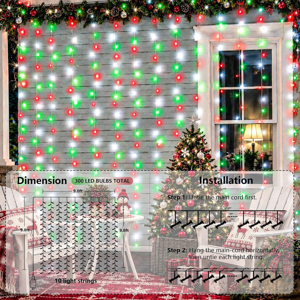 YEGUO 300 LED Red White and Green Christmas Lights, Curtain Lights Plug in, 8 Modes Hanging String Lights for Bedroom Wall Window Backdrop Indoor Outdoor Party Xmas Decorations-9.8x9.8ft