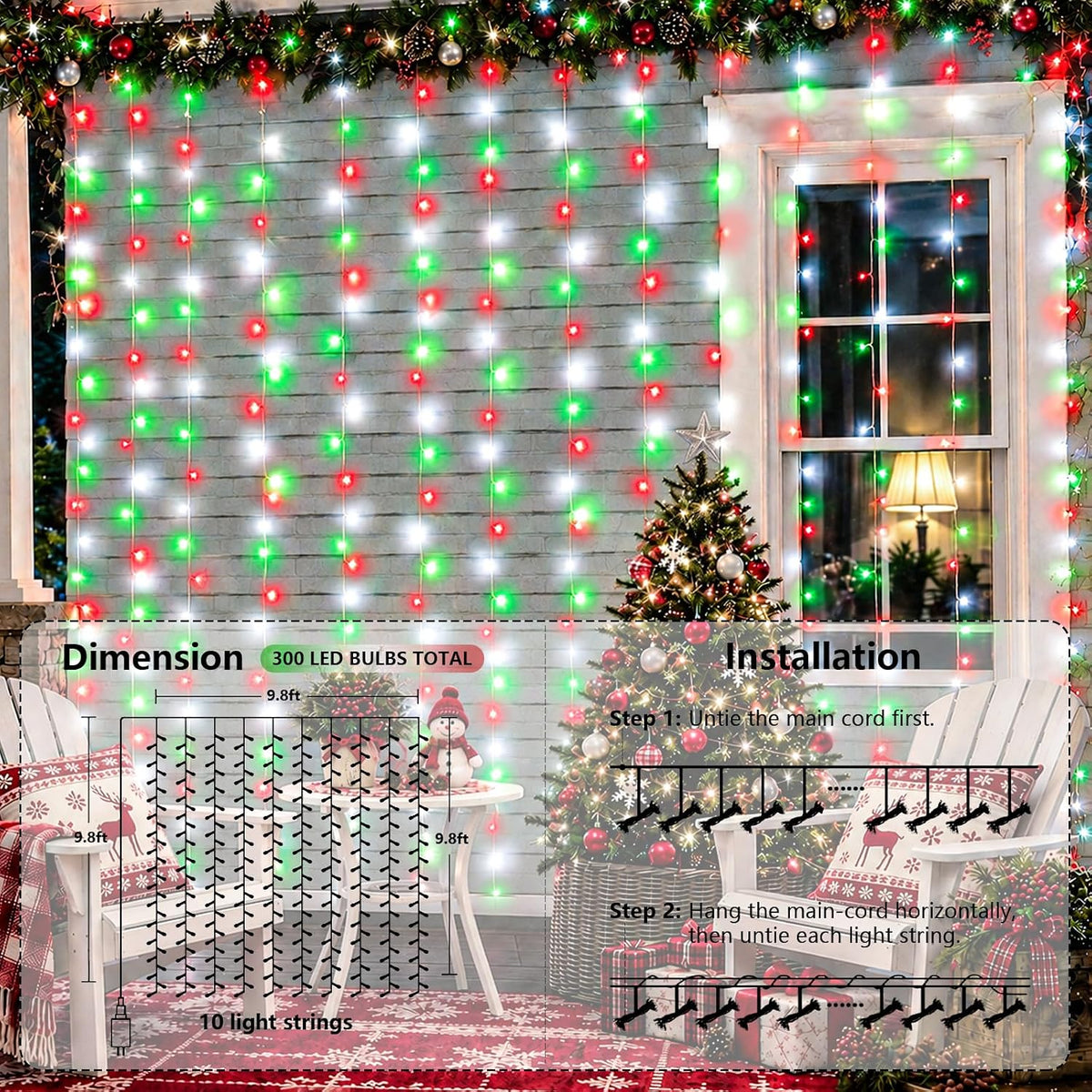 YEGUO 300 LED Red White and Green Christmas Lights, Curtain Lights Plug in, 8 Modes Hanging String Lights for Bedroom Wall Window Backdrop Indoor Outdoor Party Xmas Decorations-9.8x9.8ft