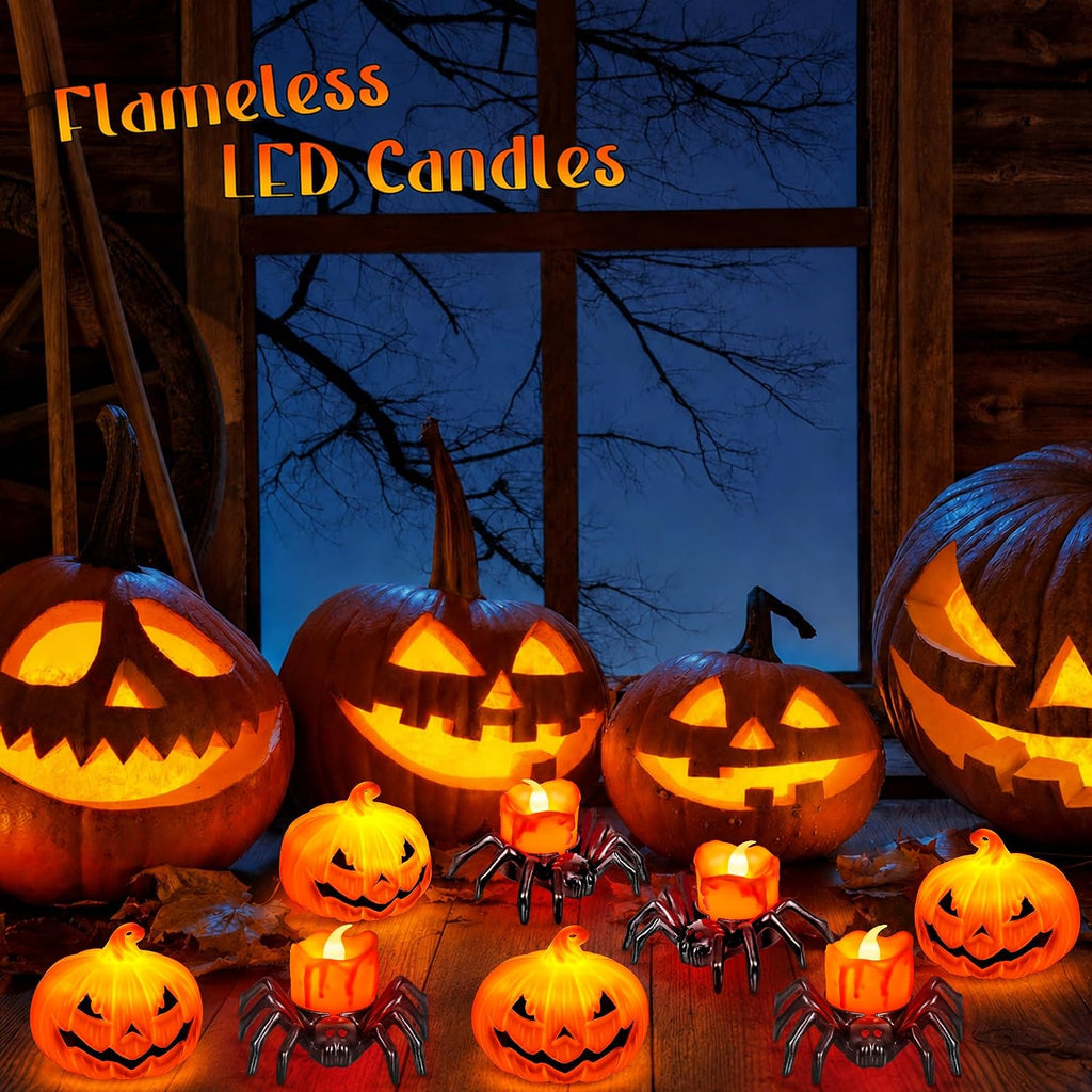 8 PCS Halloween Spider Pumpkin Candles, Battery Operated Halloween Tea Lights Flameless LED Candles, Halloween Pumpkin Tealights Spooky Electric Flickering Candles for Home Party Decorations