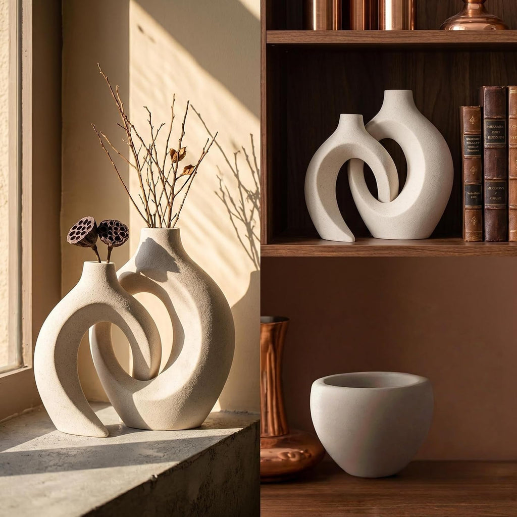 Liotww Snuggle Hollow Ceramic Vase 8.4" Hug Donut Decorative Vase Set of 2