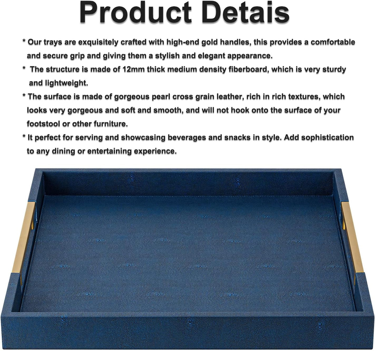 Navy Blue Faux Leather Large Square Decorative Serving Tray with Handles – for Coffee Table, Ottoman, Living Room, Bathroom & Home Decor