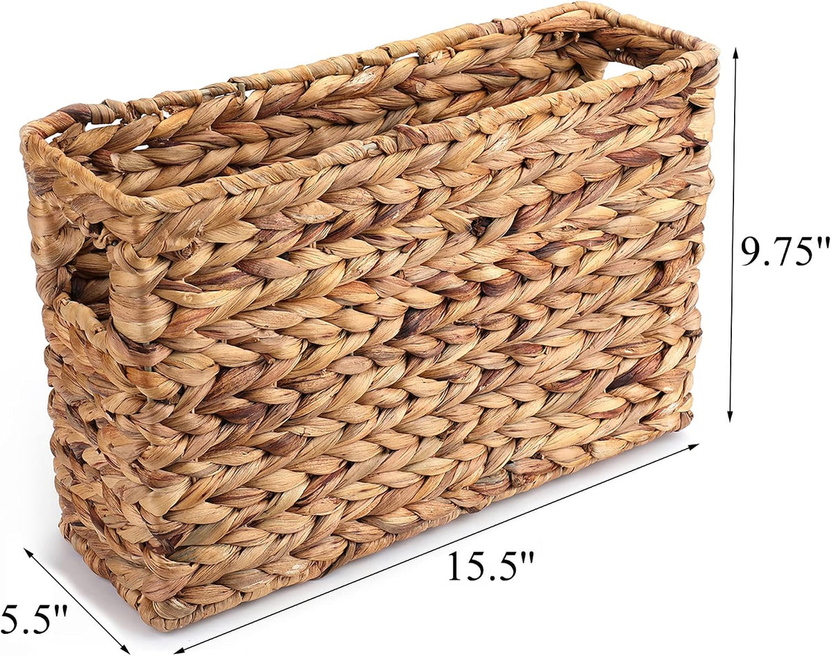 Yesland Hand-Woven Narrow Water Hyacinth Holder Wicker Basket, 15.5 x 5.5 x 9.75 Inch Decorative Magazine Storage Basket Bin for Home, Office, Desk