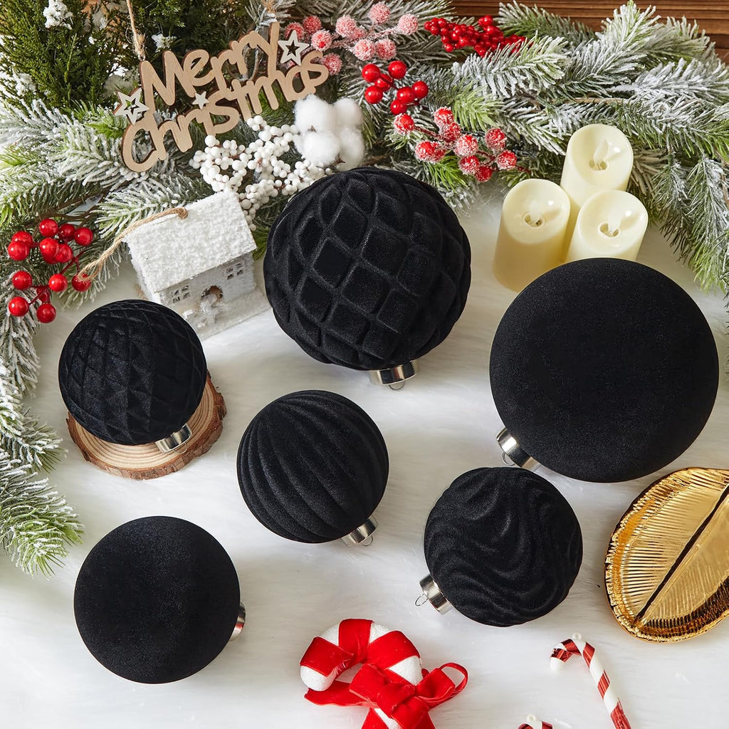 Large Velvet Christmas Ball Ornaments - 4 Inch Flocked Christmas Balls Shatterproof Decorative Hanging Ornaments Set for Xmas Tree Holiday Wedding Party Decor (Black, 4pcs)