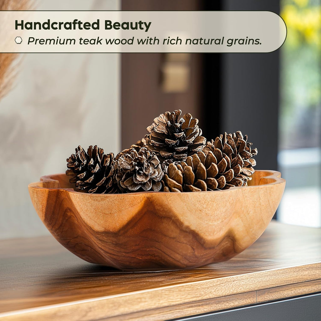 Decorative Wooden Bowl, Fruit Bowl for Kitchen Counter, Teak Wood Decor