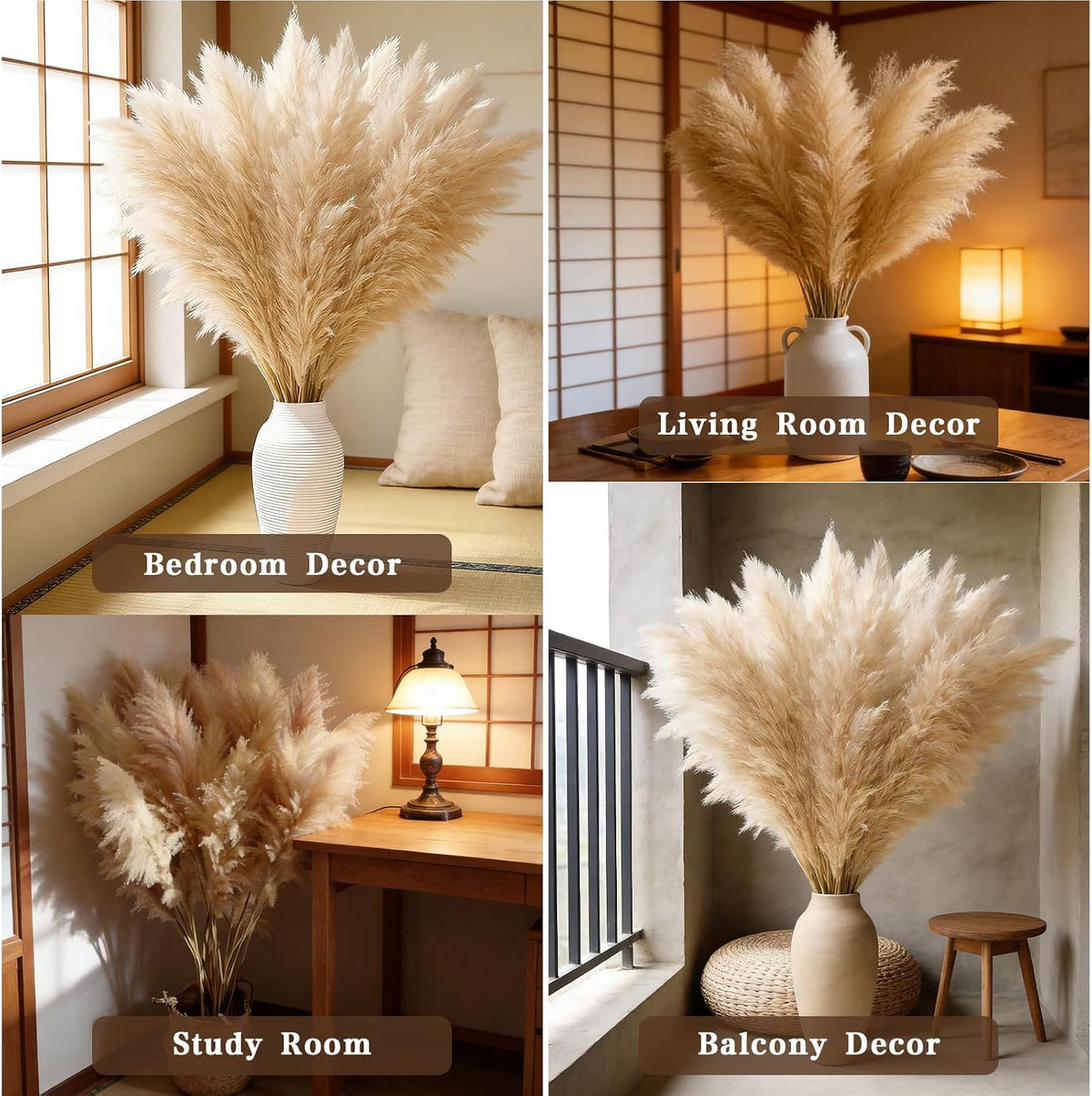 12 Stems 46" Tall Pampas Grass Decor Extra Fluffy Natural Dried Flowers