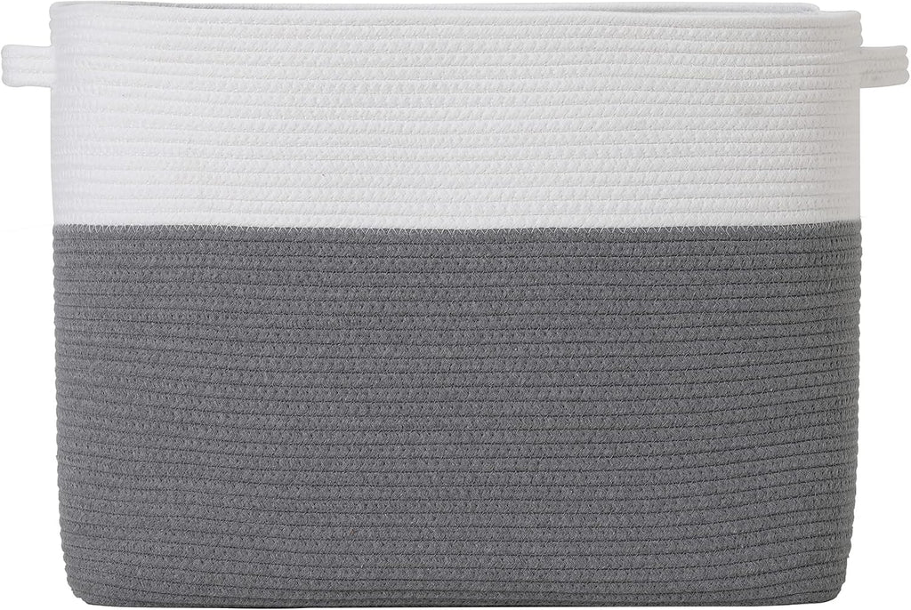 20x12x16 Inch Cottonphant Extra Large Rectangular Basket, Open Cotton Rope Blanket Storage Bin for Living Room Bedroom Closet, White & Grey