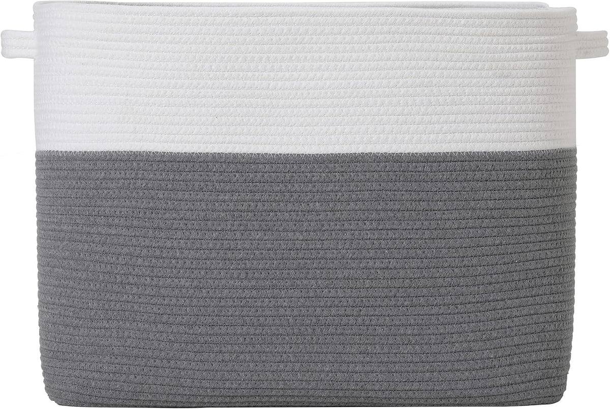 20x12x16 Inch Cottonphant Extra Large Rectangular Basket, Open Cotton Rope Blanket Storage Bin for Living Room Bedroom Closet, White & Grey