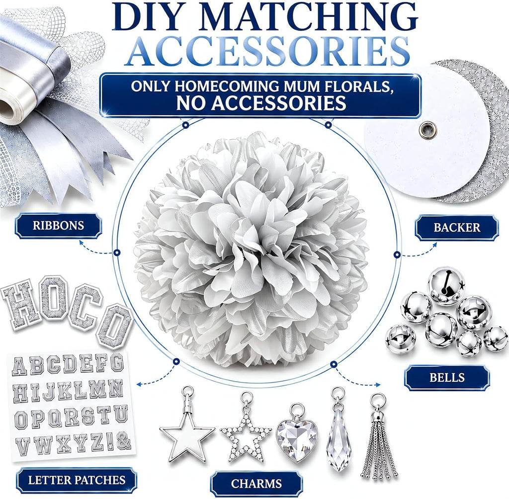3 Pcs Silver and White Homecoming Mum Flowers, 6.5In Artificial Mum Flowers