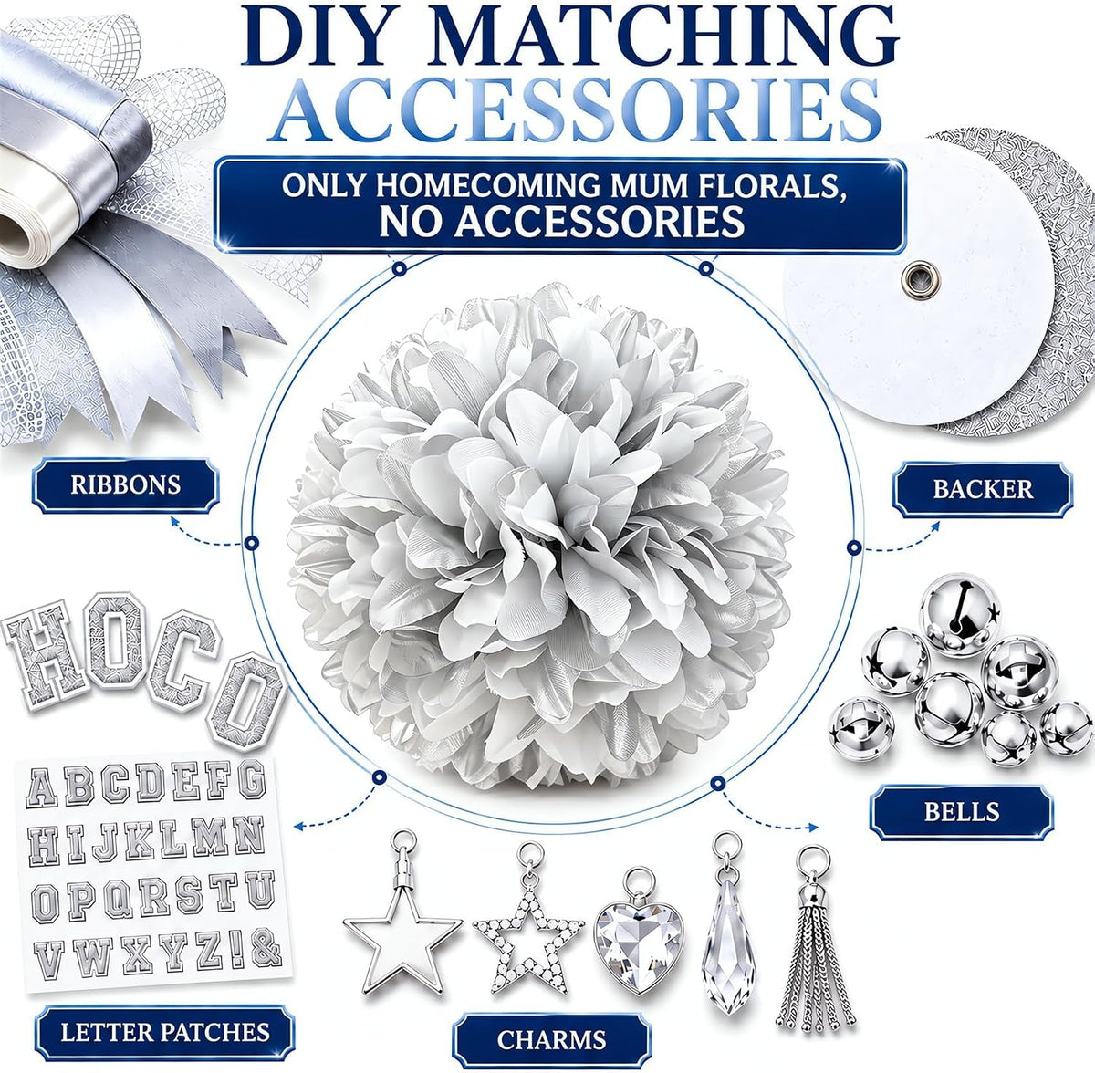 3 Pcs Silver and White Homecoming Mum Flowers, 6.5In Artificial Mum Flowers