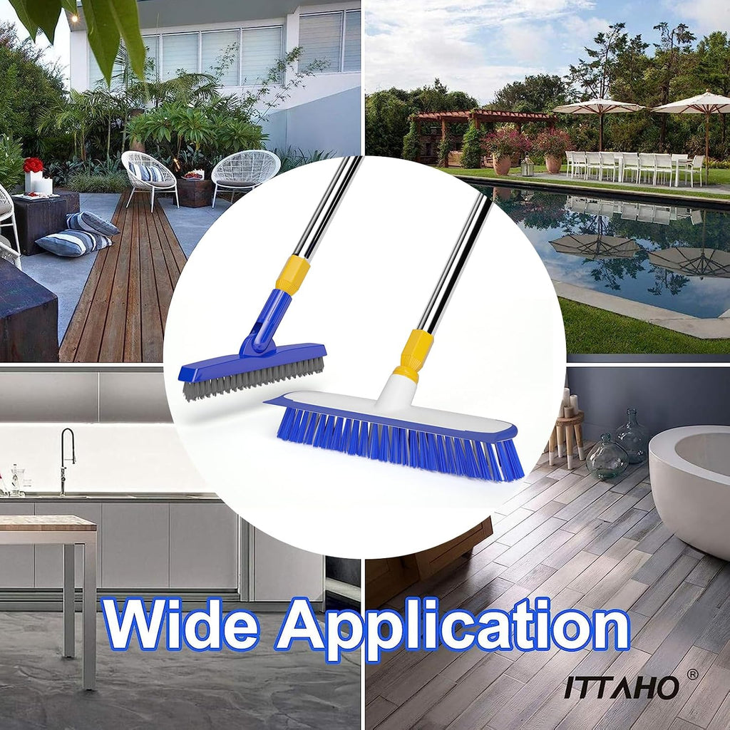 12" Wide Floor Scrub and Grout Brush Set With Long Extendable Handle - Stiff Bristle Heavy Duty Cleaner for Tile, Deck, Garage, Kitchen, Bathroom