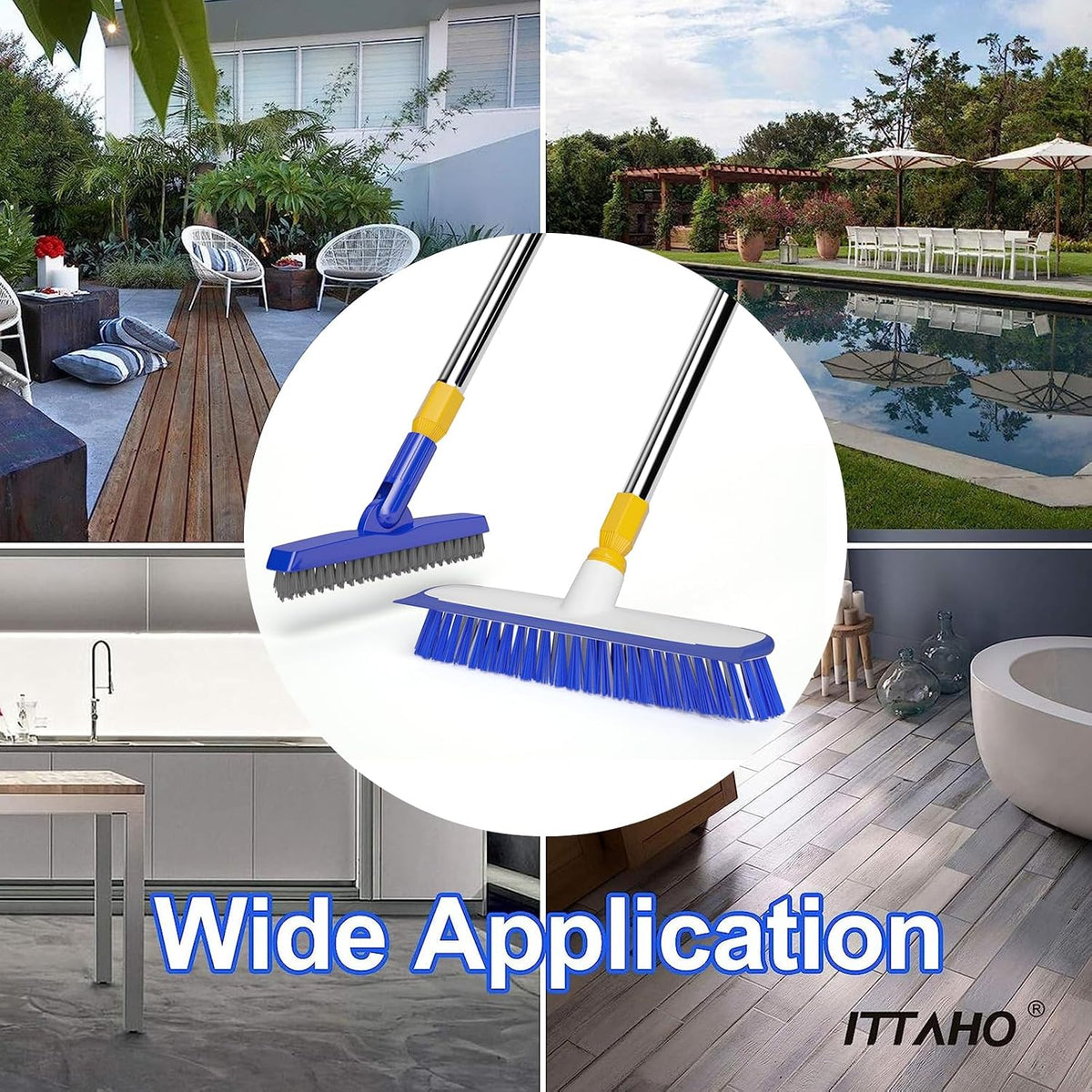12" Wide Floor Scrub and Grout Brush Set With Long Extendable Handle - Stiff Bristle Heavy Duty Cleaner for Tile, Deck, Garage, Kitchen, Bathroom
