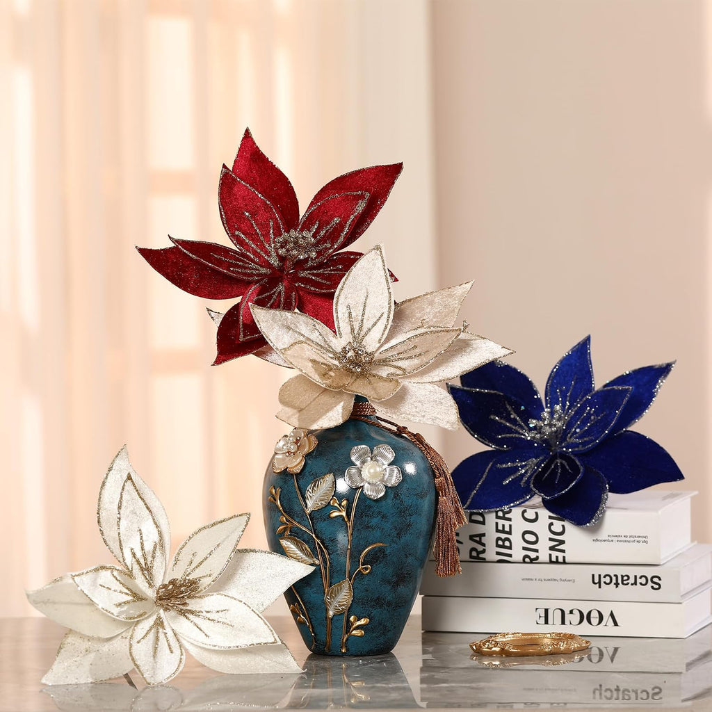 10.2’’ Large Glitter Christmas Flowers 6 Pcs Artificial Poinsettia Flower Velvet Christmas Tree Flower Ornaments Fold Floral for Christmas Decorations New Year Party Wedding (Cream White)