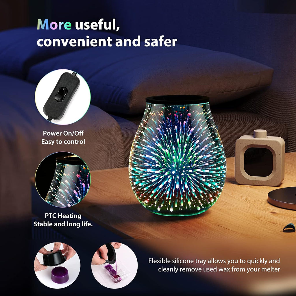 Inrorans Glass Electric Wax Melt Warmer Oil Burner with Stable Heating PTC Reusable Silicone Tray 7 Colorful Changing Led Light Night Light Scent Warmer for Home Fragrance Warmers-Firework