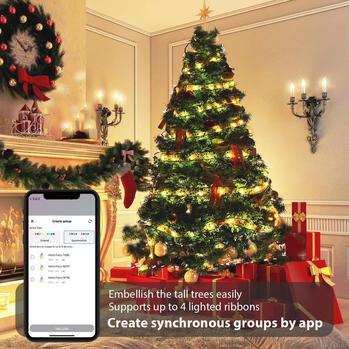 Smart Christmas Tree Ribbon String Lights, 33ft 80 Modes Colors Changing Ribbon Light for Christmas Tree, APP & Remote Control, Sync Musical, Timer, USB (Light Gold)