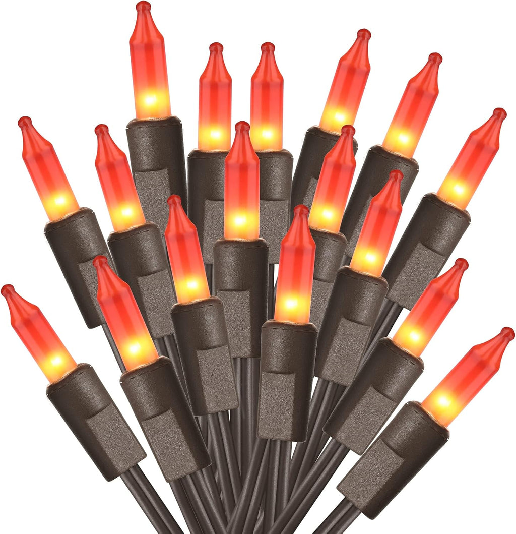 ODEETRONIC Orange Halloween Lights, 21.63ft 100 Count Orange Incandescent Lights Connectable, Plugin Outdoor Tree Light, Mini Indoor String Light for Room Party Haunted House Decor, Brown Wire