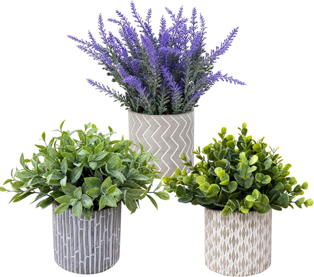 Faux Plants Indoor, Set of 3 Lavender Eucalyptus in Cement Pots