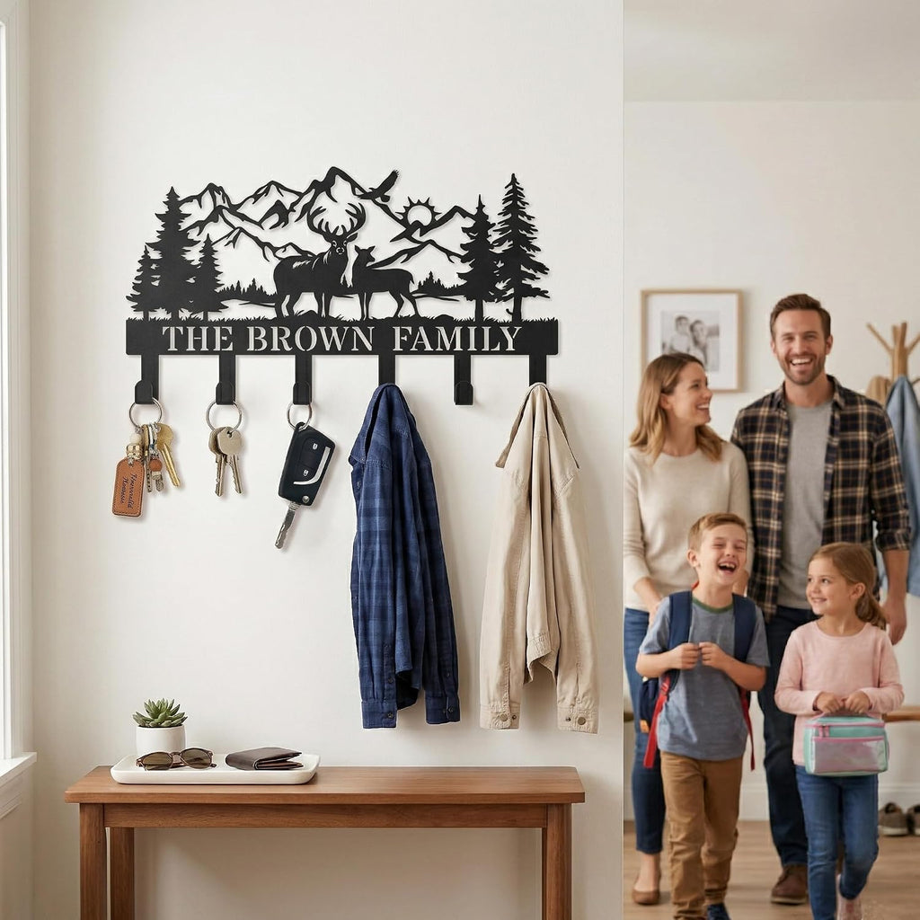Personalization Deer Mountain Metal Key Holder custom Wall Mount Key Holder for Wall Rustic Cabin Decor Key Rack Hooks Hanger Woodland Wildlife Wall Art Entryway Organizer Housewarming Hunting Gifts