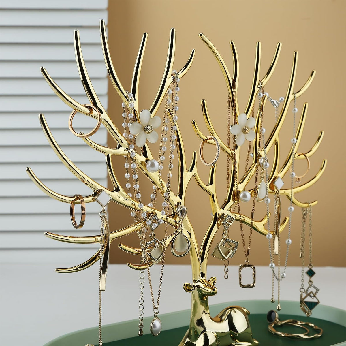 MORE&LESS Antlers Jewelry Display Stand,Gold Deer Hanging Organizer for Ring Earrings Necklace Bracelet