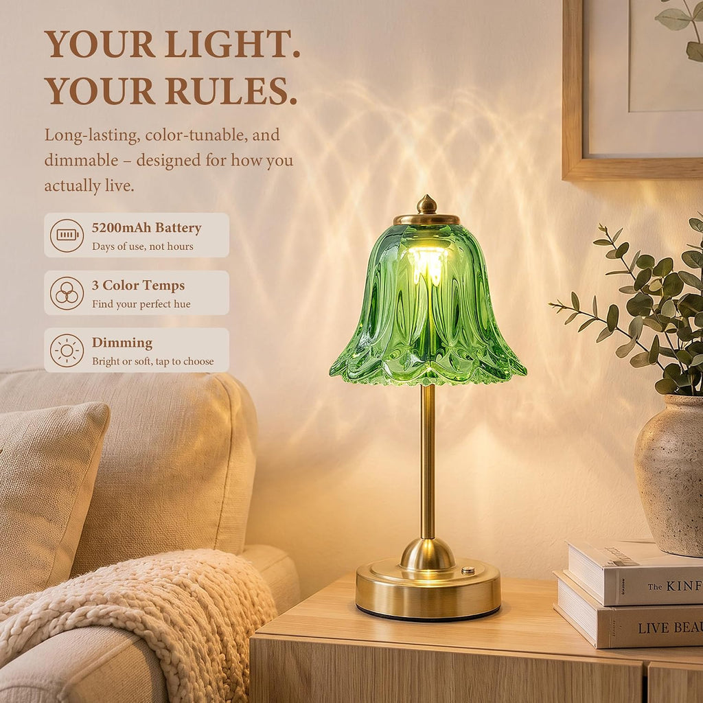 Cordless Table Lamp, Rechargeable Battery Operated Flower Touch Lamp, Green